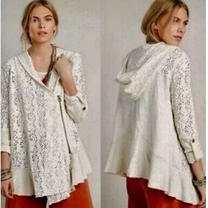 Free People Eyelet Crochet Ivory Zip-Up Hooded Sweater Size XS